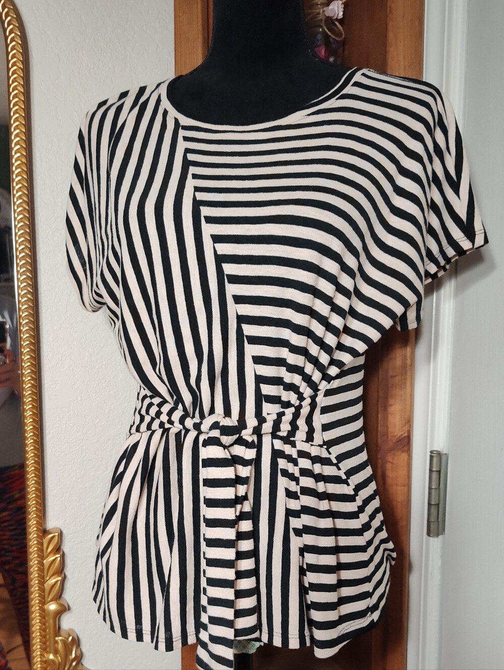 Striped Black and Cream Tie-Waist Tee